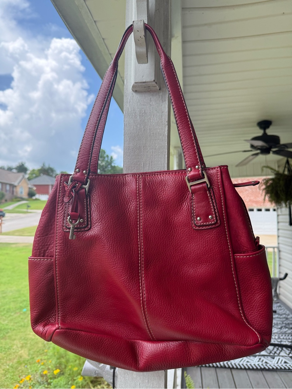 Fossil Red Pebbled Leather Shoulder Bag